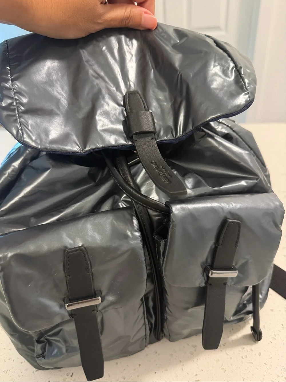 Kenneth Cole NY The Vesey Puffy Nylon Drawstring Backpack - Metallic Gray